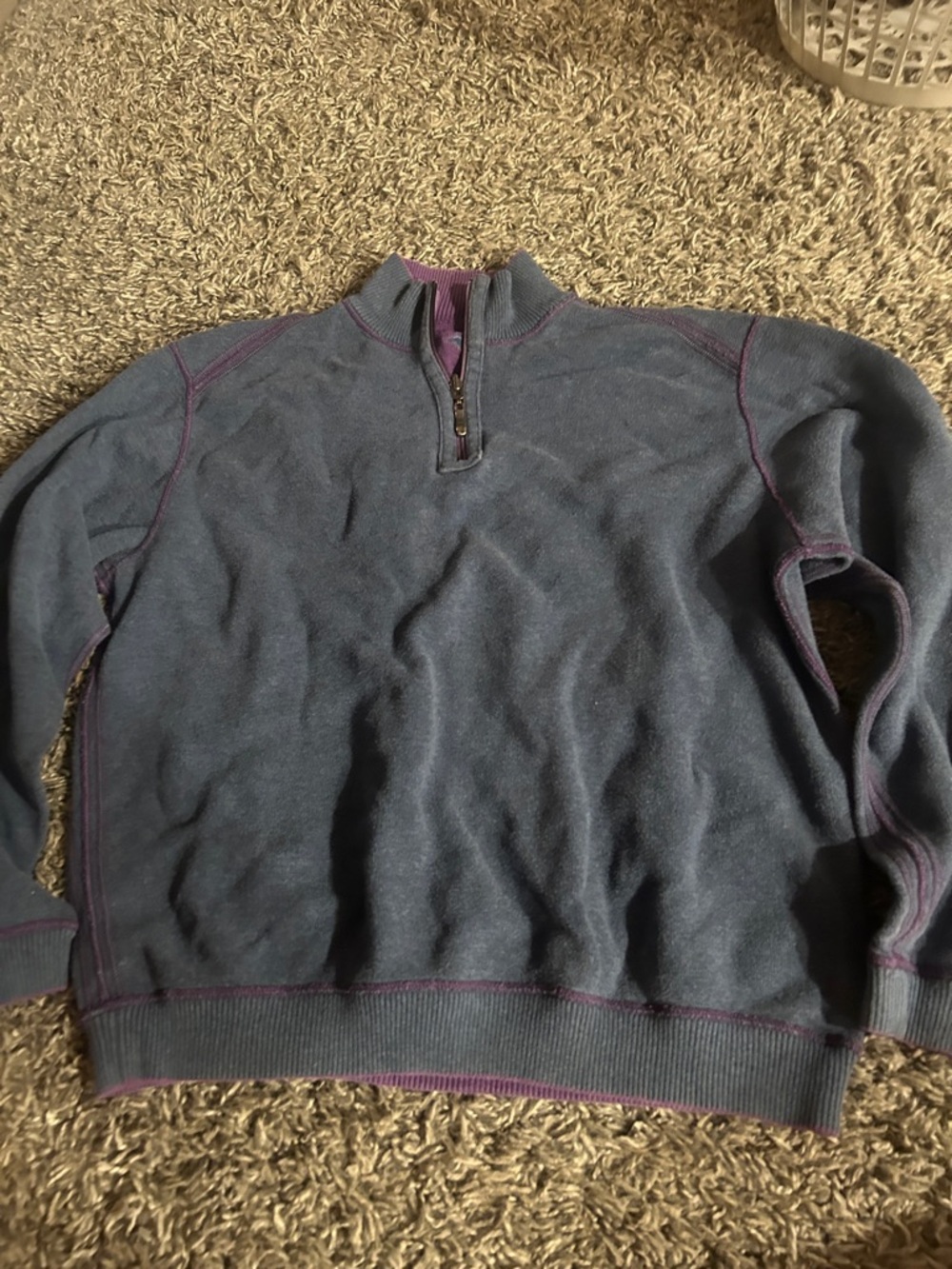 Tommy Bahama Blue Quarter-Zip Sweater with Purple Trim